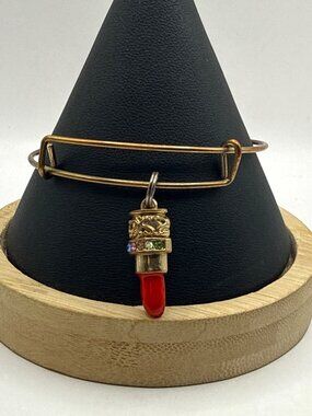Gold Tone Expandable Bangle with Red Lipstick Enamel Charm & Rhinestones